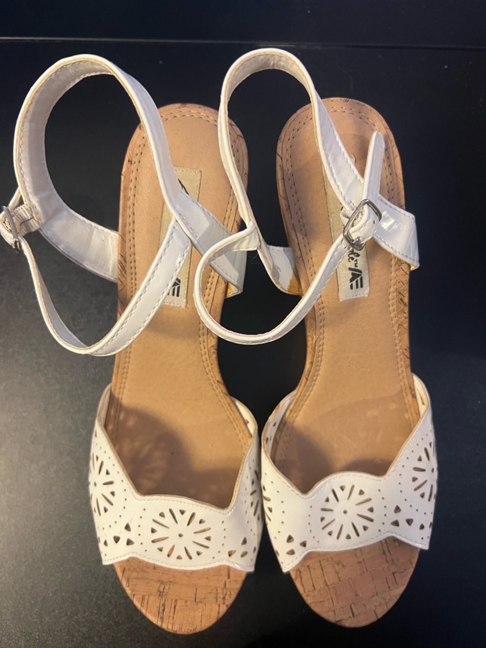 American Eagle Outfitters White Laser-Cut Ankle-Strap Cork Sandals